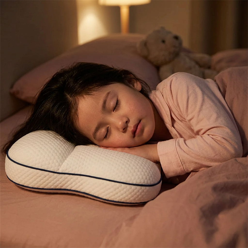 Enfant endormi paisiblement, nuque alignée sur l'oreiller Plume & Lune
