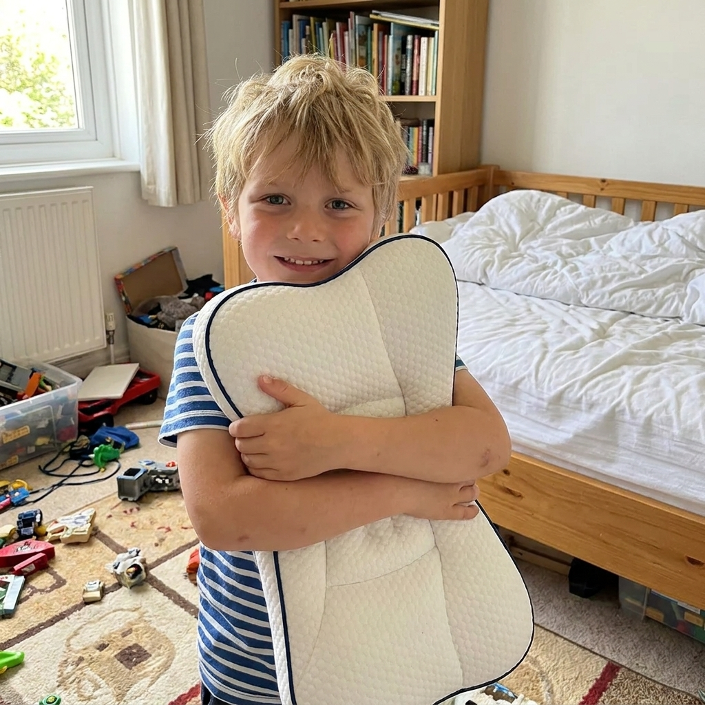 Enfant avec son oreiller ergonomique Plume & Lune dans sa chambre