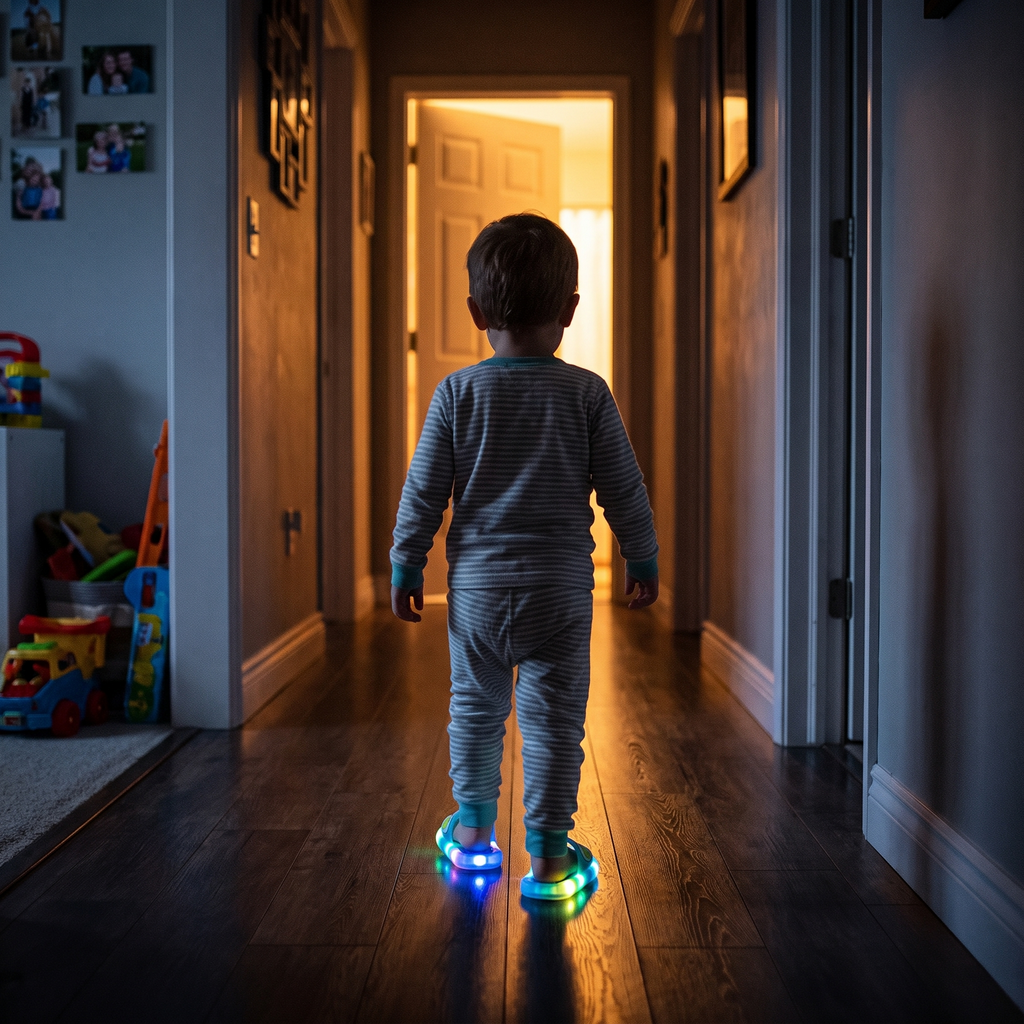 Enfant marchant dans le couloir la nuit avec ses chaussons lumineux Duck