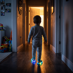 Enfant marchant dans le couloir la nuit avec ses chaussons lumineux Duck